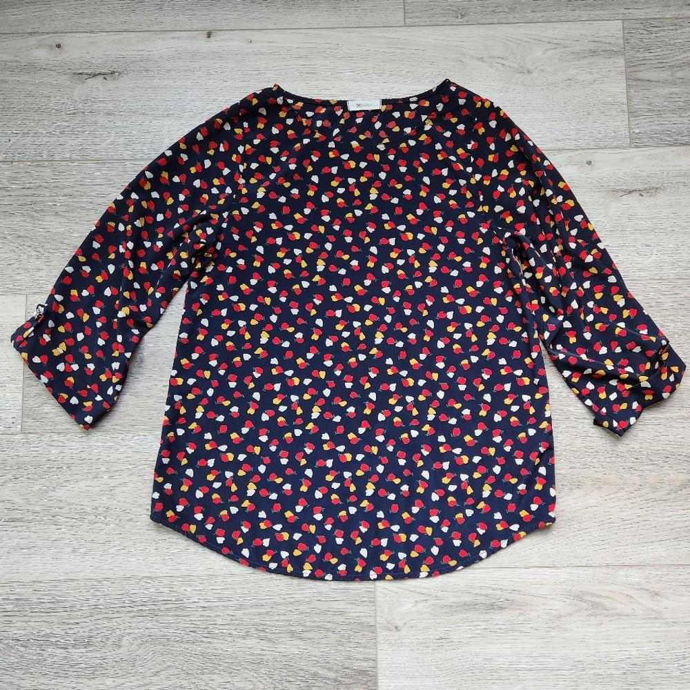 Everly Floral Top Womens Small Three Quarter Sleeves Red Yellow Shirt